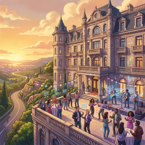 Grand Hotel with Diverse Friends Enjoying a Party | Futuristic Metaverse Art