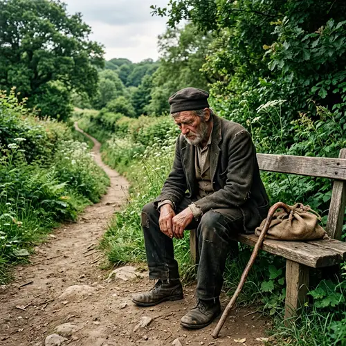 Melancholic Man by the Path - Vintage Scene Depicting Sadness