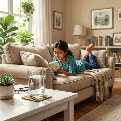 Calming 4K Digital Art of Relaxing Scene with Sofa and Glass of Water