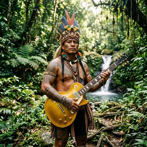 Indigenous Warrior with Les Paul Guitar in Rainforest