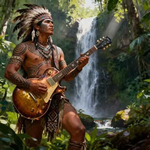 Indigenous Warrior with Les Paul Guitar in Rainforest