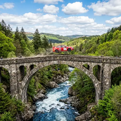 Red High-Performance Car Leaping Off Stone Bridge Over River