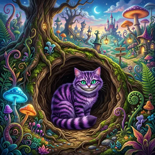 Cheshire Cat Wonderland - Enchanting Smiles in Rabbit Hole