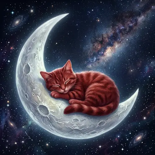 Red Cat Sleeping on Moon - Tranquil and Whimsical Scene