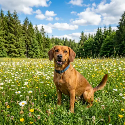 Adorable Brown Dog Sitting in Green Field | Lively Scene with Flowers and Forest