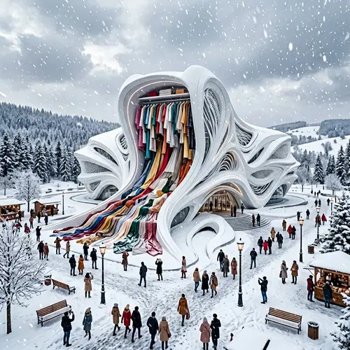 Bio-Tech Style Fashion Museum in Snow-Covered Landscape