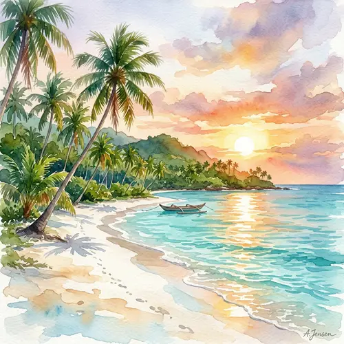 Island Paradise Watercolor | Tranquil Seas & Palm Trees