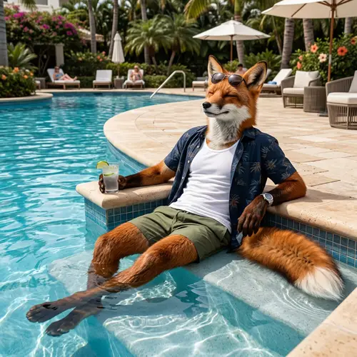 Male Fox Demi-Human Lounging by Pool in Stylish Summer Attire