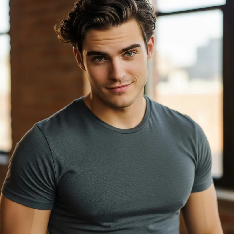 Young Man with Dark Hair and Muscular Build