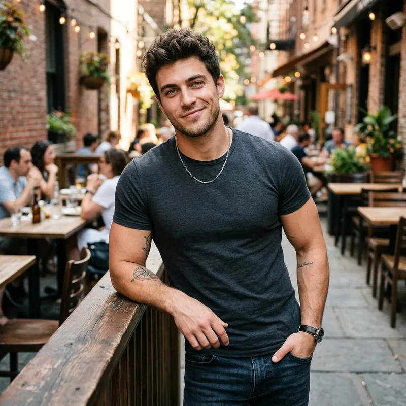 Young Man with Dark Hair and Muscular Build