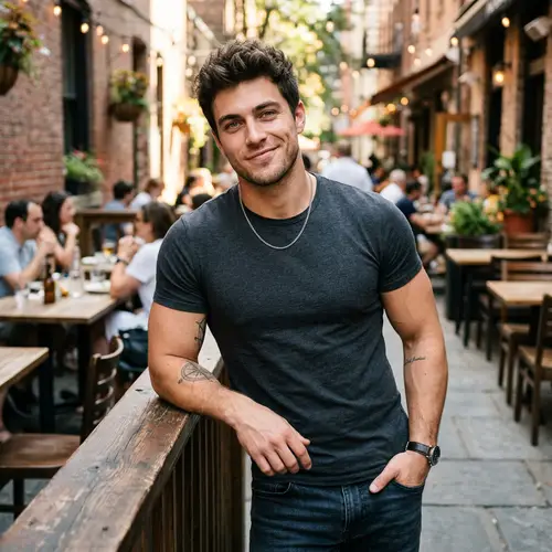 Young Man with Dark Hair and Muscular Build
