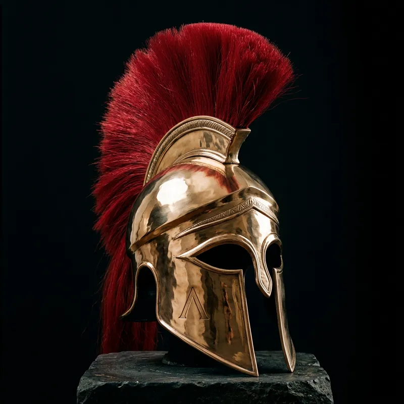Reflective Black Spartan Helmet with Red Plume
