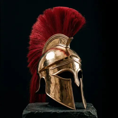 Ancient Spartan Helmet with Red Plume | Reflective Bronze Finish