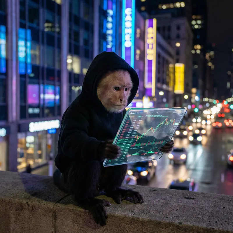 Monkey in Black Hoodie Observing Trading Charts in Urban Neon Setting Monkey in Black Hoodie Observing Trading Charts in Urban Neon Setting