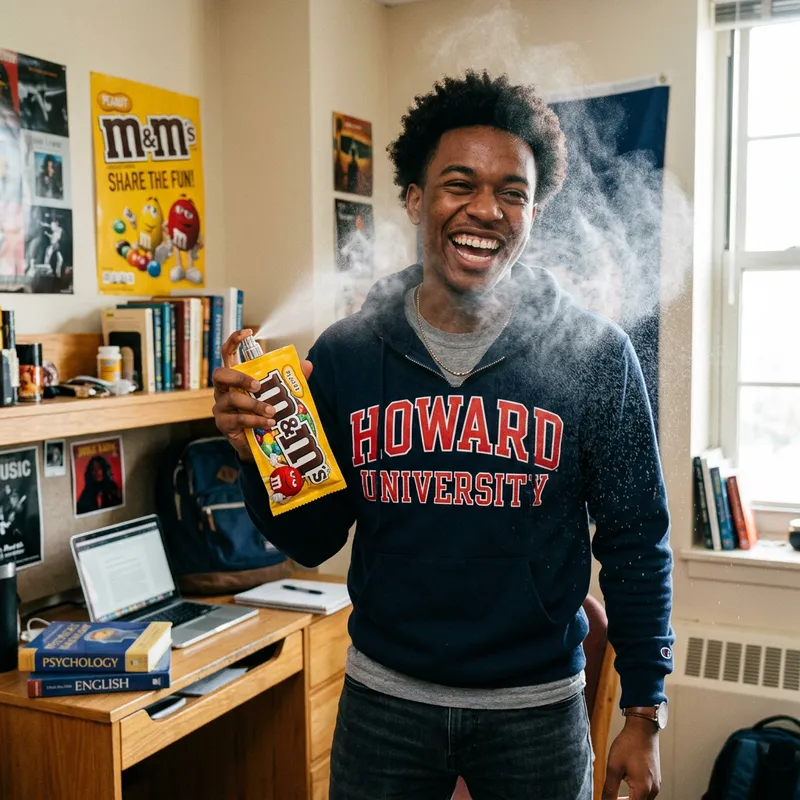 Excited Student Spraying M&M Perfume