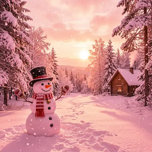 Pink Snow Winter Scene with Snowman