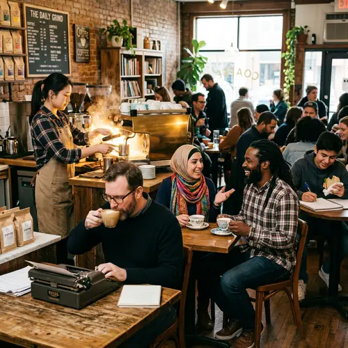 Vibrant Café Scene with Diverse Customers and Crafted Coffee