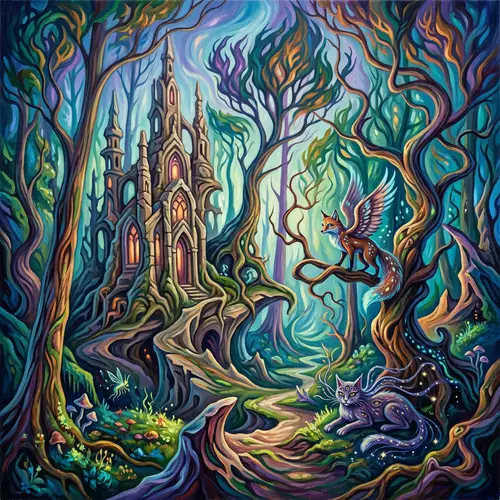 Mystical Forest with Ancient Temple | Surrealism Art