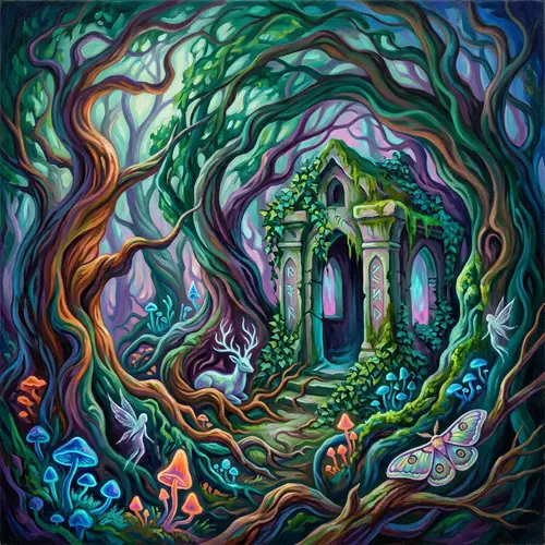 Supernatural Woodland Shrine with Mystic Creatures - Surrealist Art