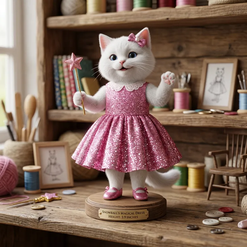 3D White Cat in Pink Glittery Dress - 5.9 Inches Tall