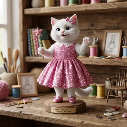 3D White Cat in Pink Glittery Dress - 5.9 Inches Tall