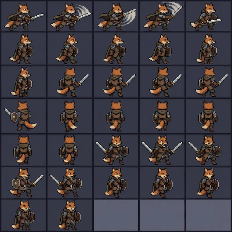 Detailed Pixel Art Sprite Sheet for Furry Dungeons and Dragons Character