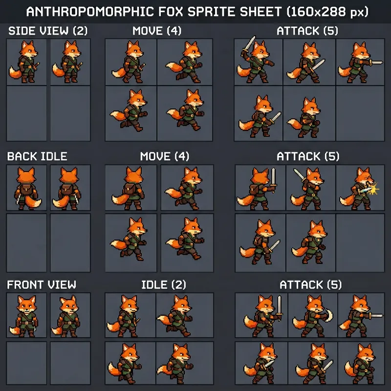 Pixel Art Sprite Sheet: Anthropomorphic Fox for Tabletop RPG