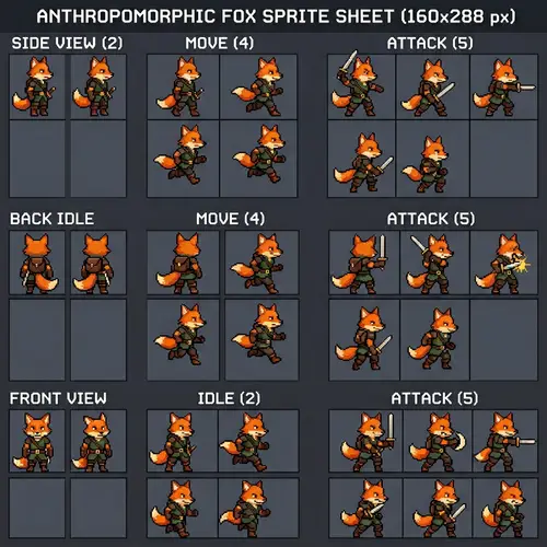 Anthropomorphic Fox Sprite Sheet for Dungeons and Dragons Style RPG