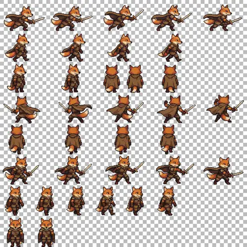 Pixel Art Sprite Sheet of Anthropomorphic Fox for Dungeons-and-Dragons-Style RPG