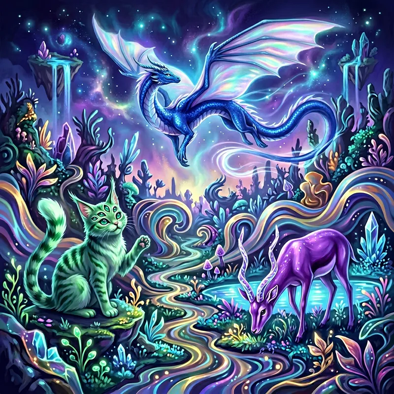 Enchanting Fantasy Creatures in Vibrant Dreamscape | Fantasy Abstract Beings Enchanting Fantasy Creatures in Vibrant Dreamscape | Fantasy Abstract Beings