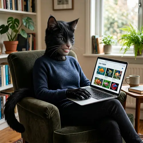 Feline-Human Hybrid Figure in Black Fur on Armchair with Laptop