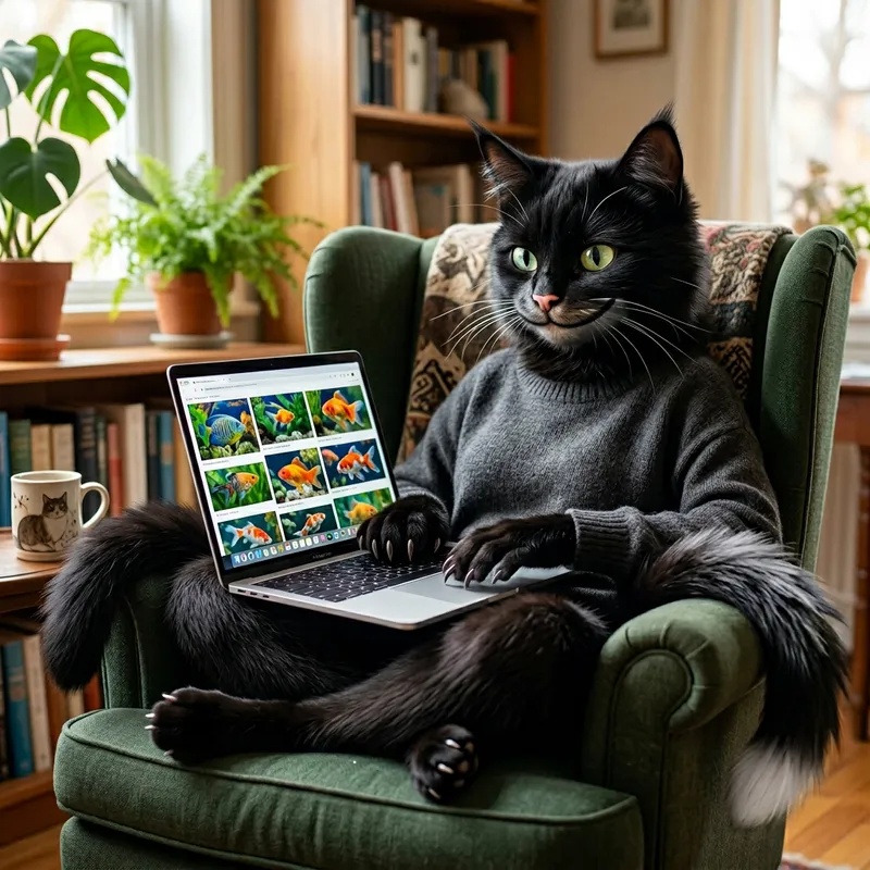 Cat-Human Hybrid Browse Fish Pictures on Macbook Pro