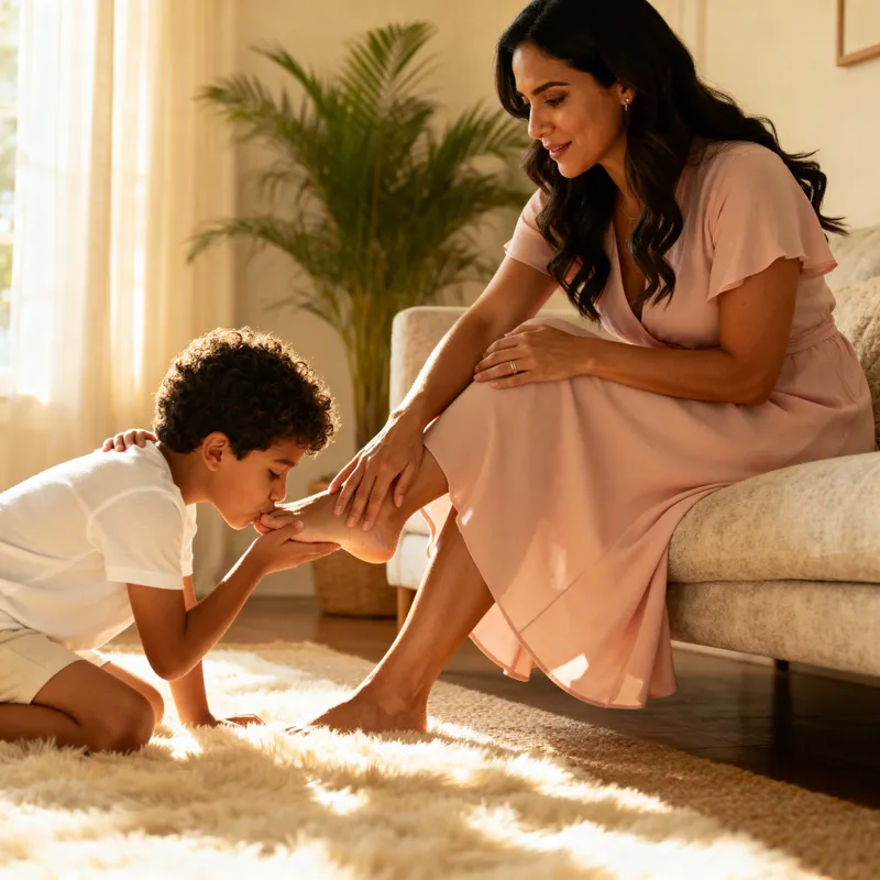 Tender Moment: Child Kissing Woman's Foot