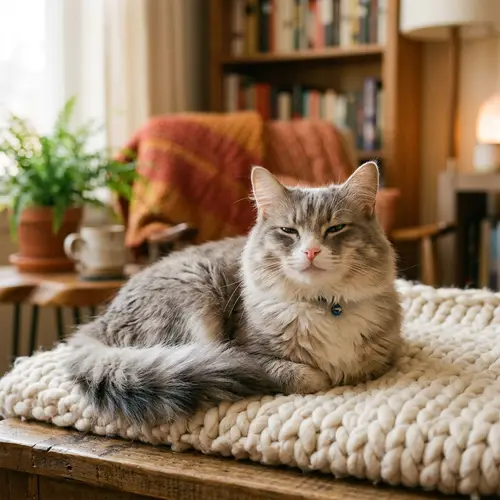 Happy Cat Sitting Comfortably | Cozy Gray & White Fur
