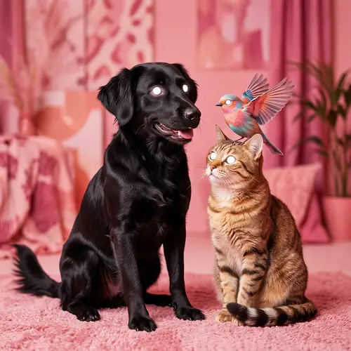 Surreal Black Dog, Cat, and Bird with Large White Eyes