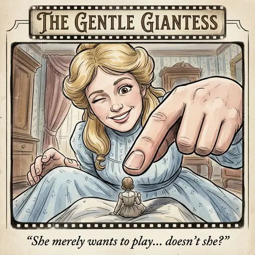 Enchanting Giant Woman: Playful Interaction in Vintage Animation Style