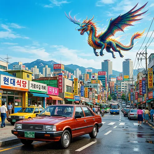 Vintage Korean Car and Spectacular Dragon Cityscape