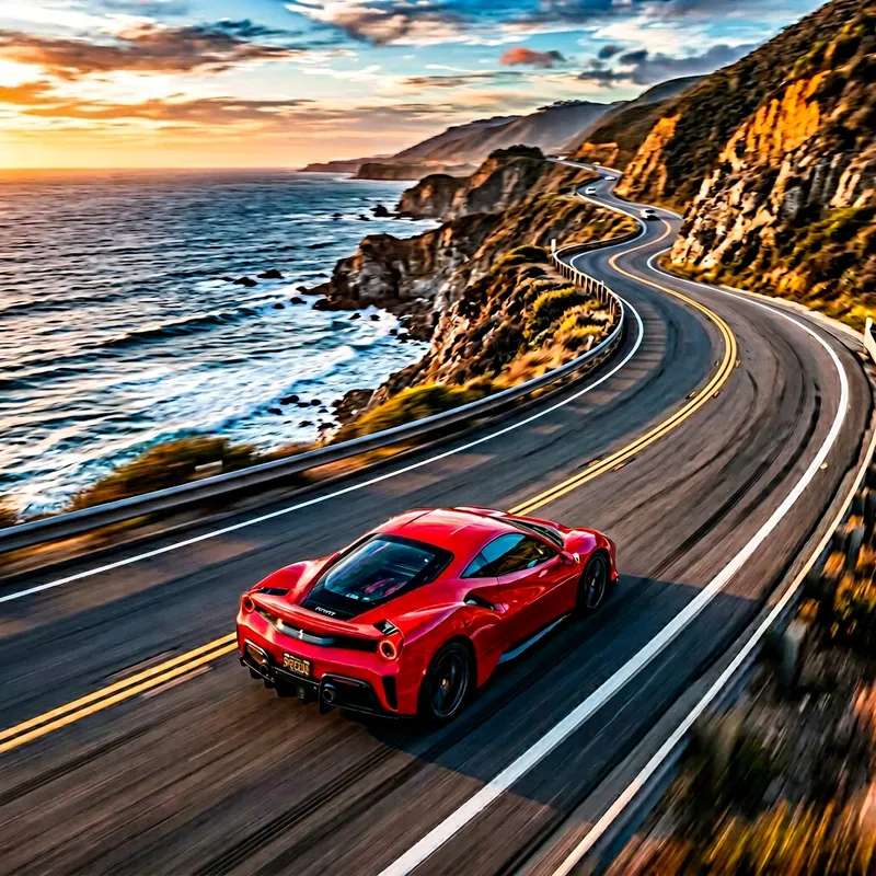 Bright Red Sports Car Racing Along Coastal Highway - High-Speed Photographic Style