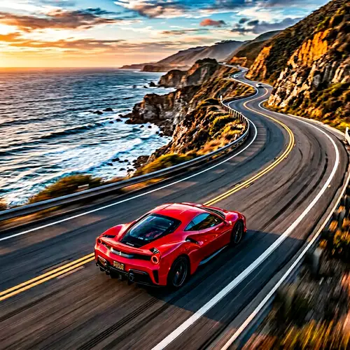 Vibrant Red Sports Car on Coastal Road - Automotive Genre