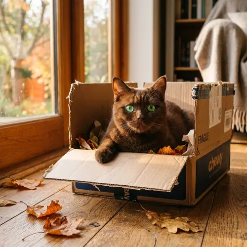 Charming Chocolate-Colored Cat in Playful Cardboard Box