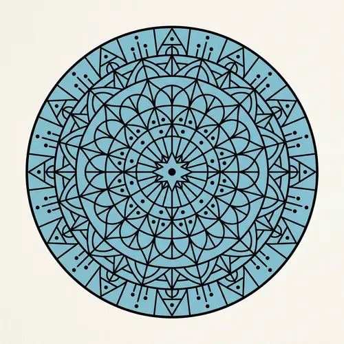 Minimalist Geometric Mandala Design with Black Lines and Blue Shades