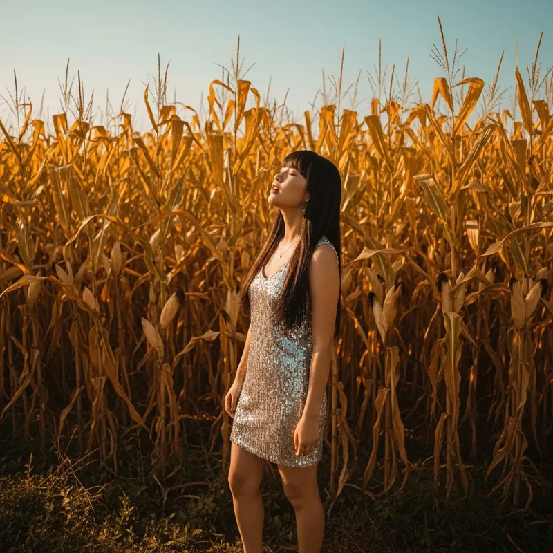Young Lady Singer in Front of Cornfields