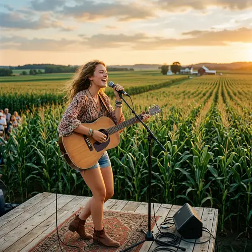 Young Lady Singer in Front of Cornfields