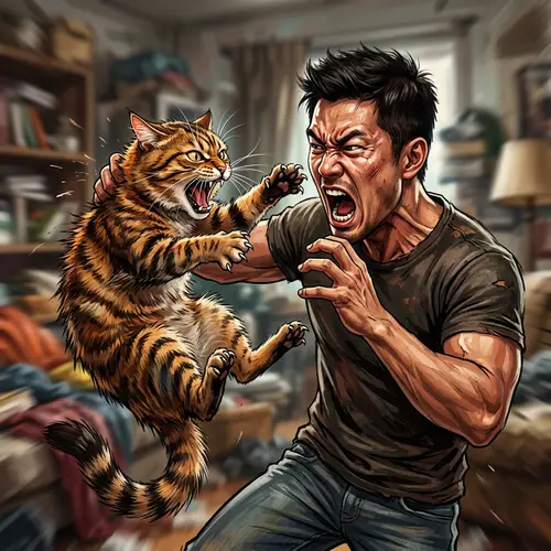 Intense Battle: Angry Cat vs Enraged Man - Digital Illustration
