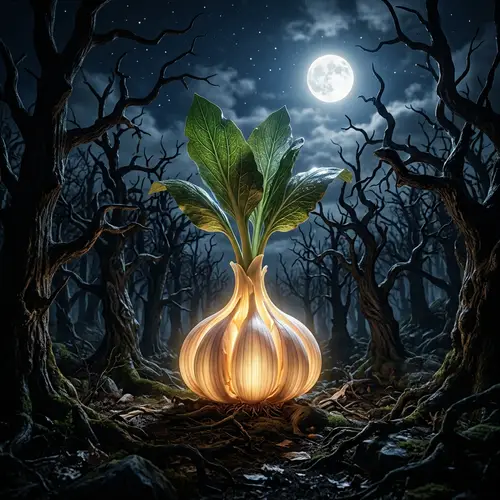 Enormous Garlic Bulb in Spooky Forest | Moonlit Mystery Scene