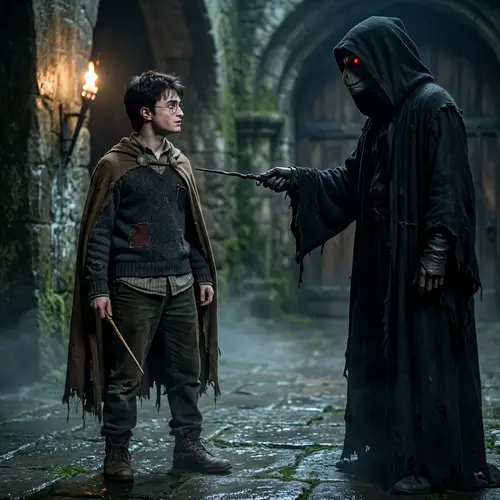 Struggle and Hardship: Young Wizard Confronts Tall Figure of Darkness