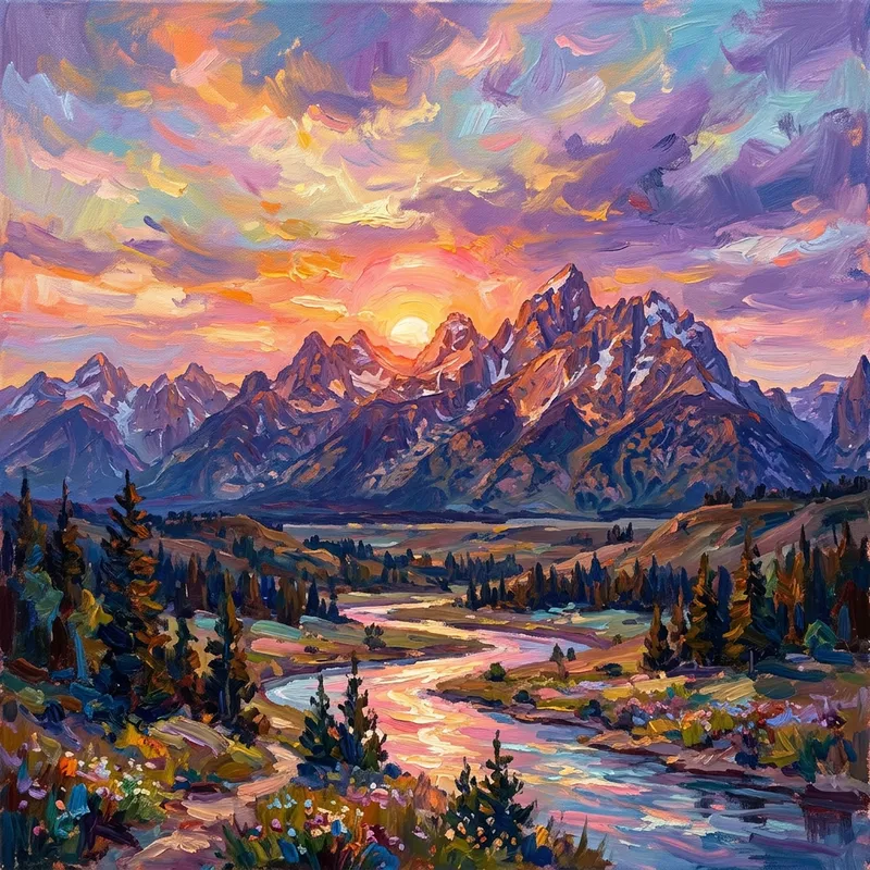 Serenity of Tranquil Sunset | Impressionist Mountains