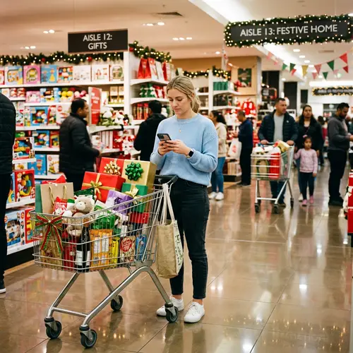 Indoor Shopping Scene with Diverse Products and Joyful Shoppers