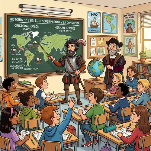 Cartoon of Hernán Cortés and Columbus Teaching Students