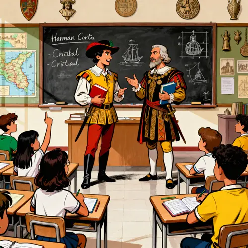 Cartoon of Hernán Cortés and Columbus Teaching Students
